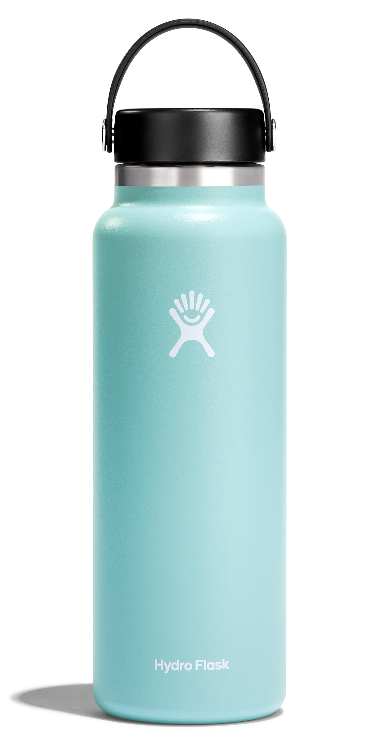 Hydro Flask Wide Mouth Insulated Water Bottle in aqua blue with Flex Cap, designed for hot and cold beverages on the go.